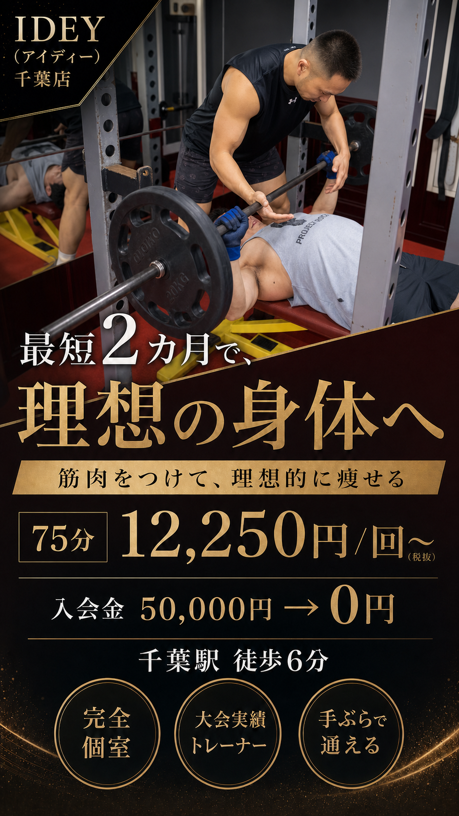 IDEY(アイディー) 千葉店。最短2カ月で理想の身体へ。完全個室、マンツーマン、食事管理。